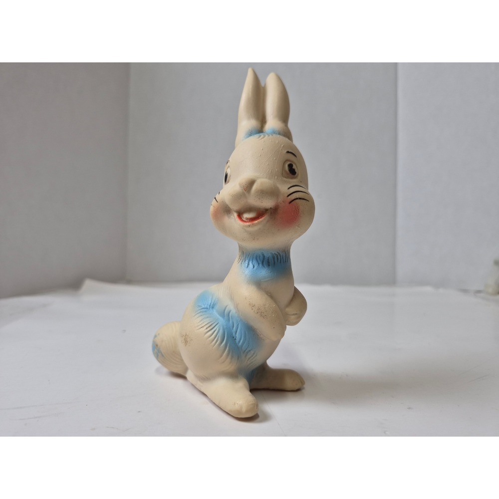 Vintage Rubber Squeeze Toy Standing Easter Bunny Rabbit Blue White 1960s MCM